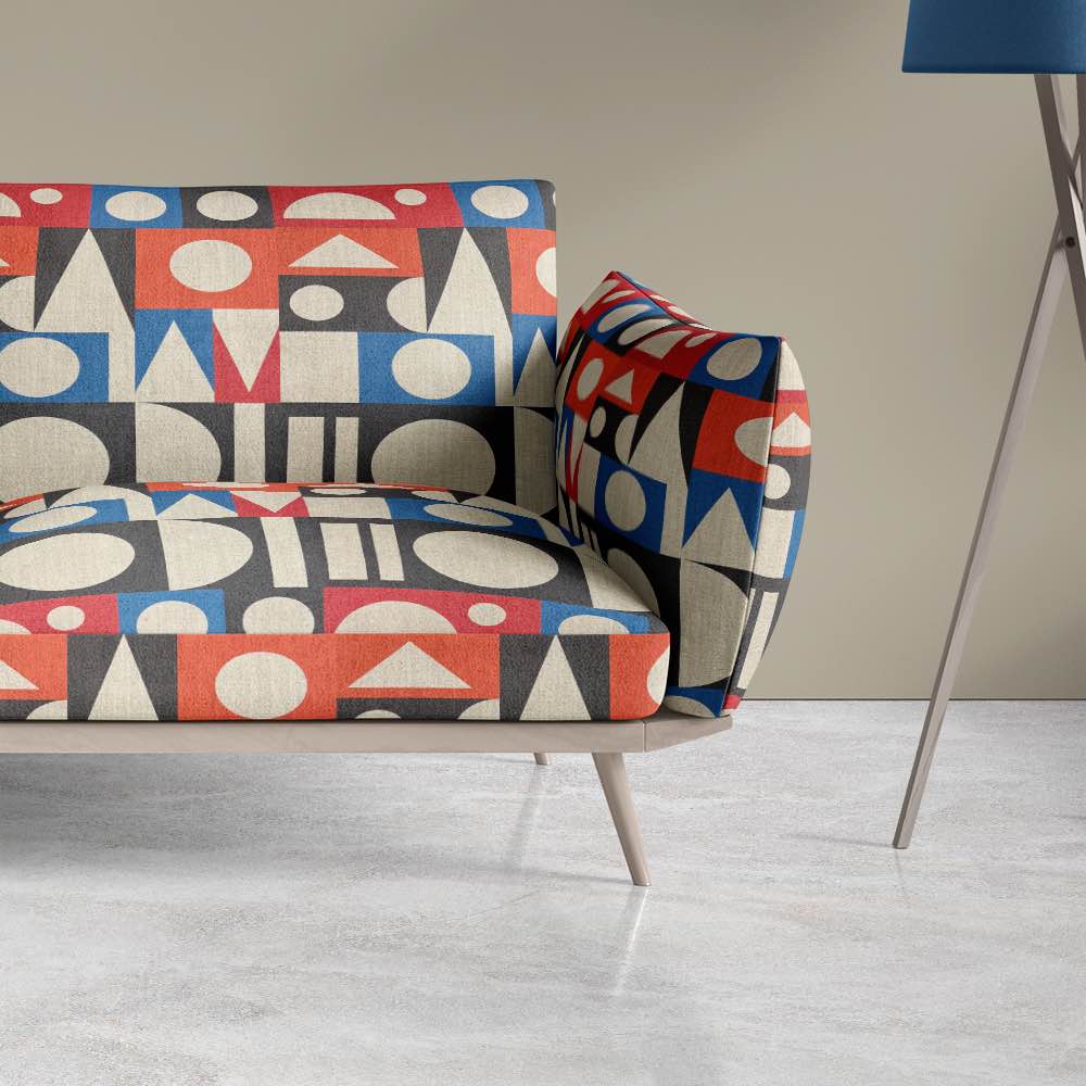 Upholstered Sofa  view of Malaga No.16 multicoloured upholstery fabric with Cubism art-inspired design