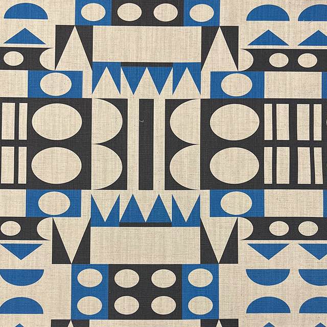 Malaga No.17 neutral blue and black upholstery fabric with Cubism art-inspired design – flat view