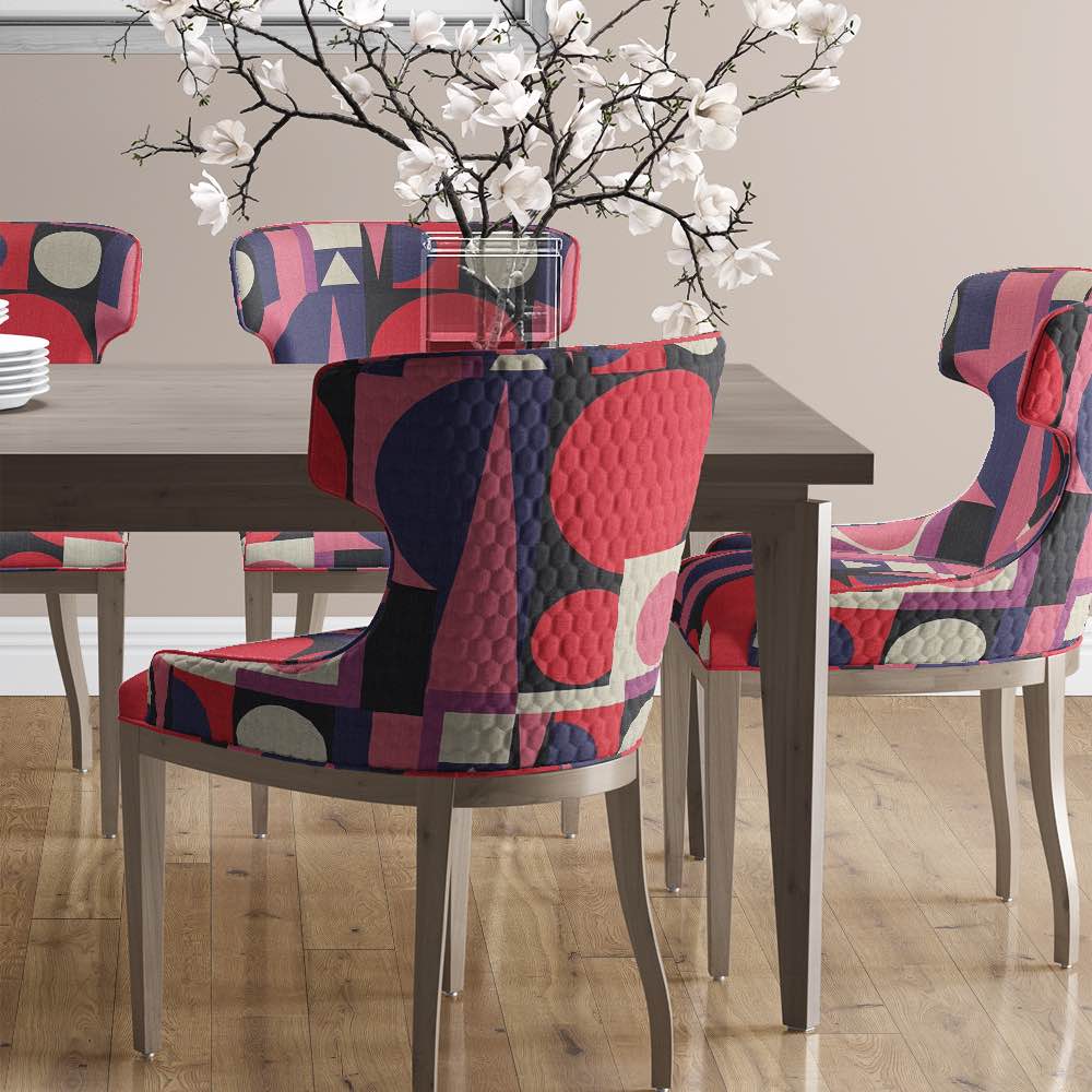 Dining Chairs view of Malaga No.19 pink, purple, and red upholstery fabric with Cubism art-inspired design