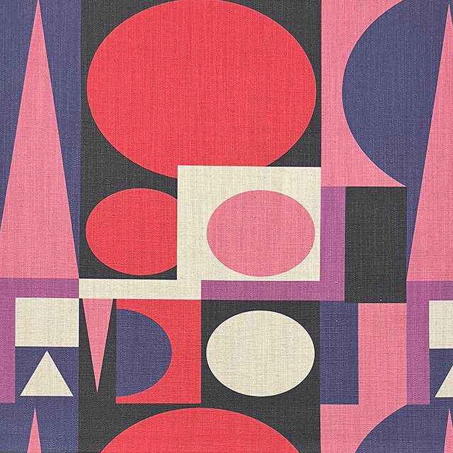 Malaga No.19 pink, purple, and red upholstery fabric with Cubism art-inspired design – flat view