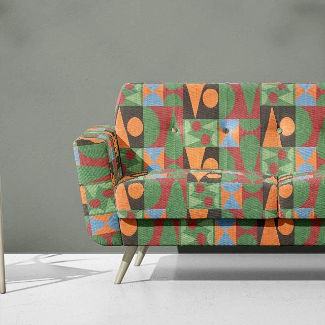  Sofa view of Malaga No.5 multicoloured fabric with Cubism art-inspired design