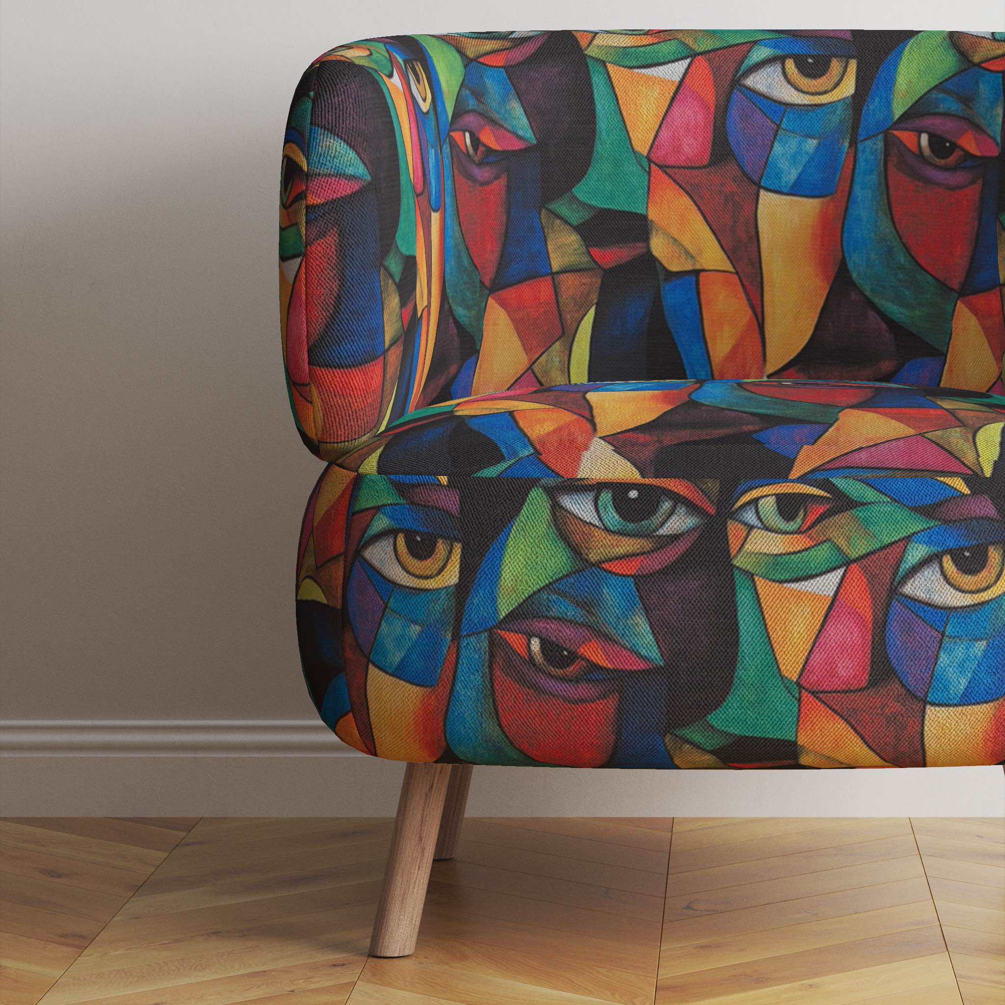 Striking Mougin No.12 fabric with Picasso-style bold colors for sofas.