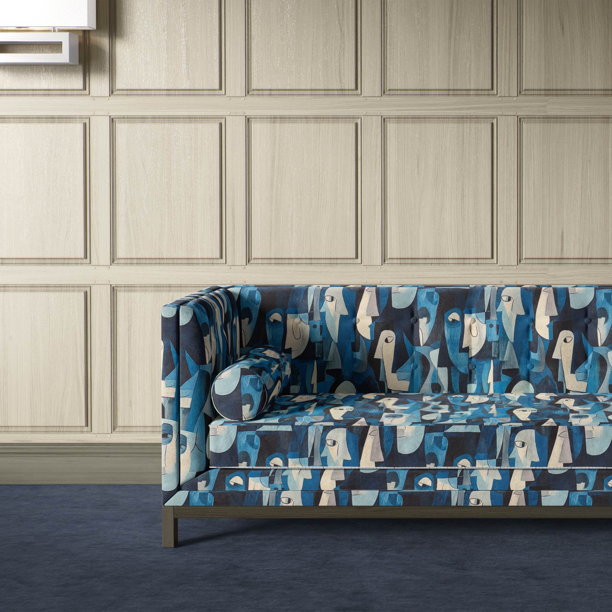 Artistic contrasting colors in Mougin No.15 fabric for designer sofas.