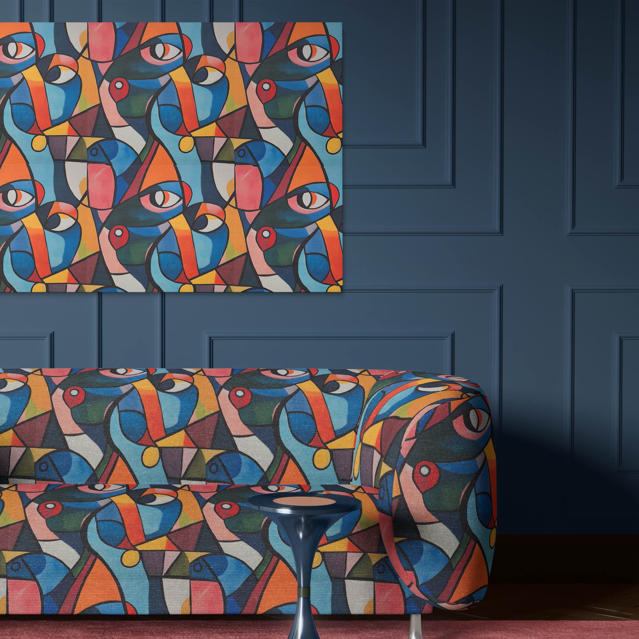 Striking Mougin No.7 fabric with contrasting colors for upholstery.