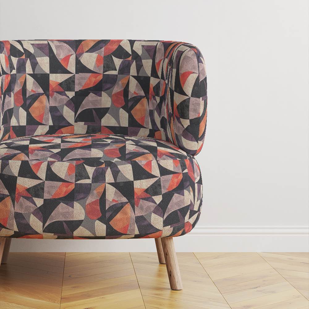 Movements No.2 purple and orange abstract shape upholstery fabric for statement furniture