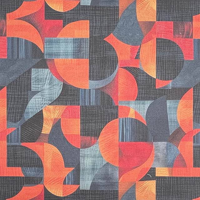 Movements No.4 blue and orange abstract shape upholstery fabric – flat view