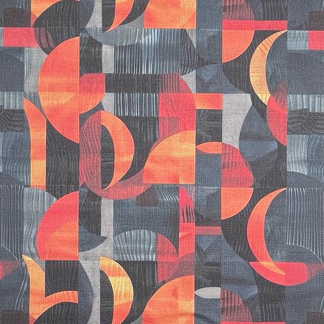 Movements No.7 blue and orange abstract shape upholstery fabric – flat view