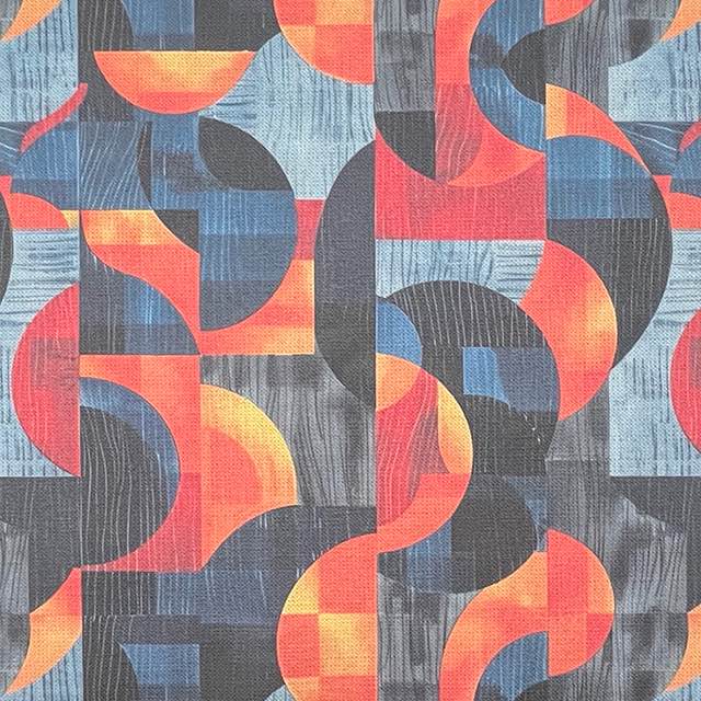 Movements No.9 blue and orange abstract shape upholstery fabric – flat view