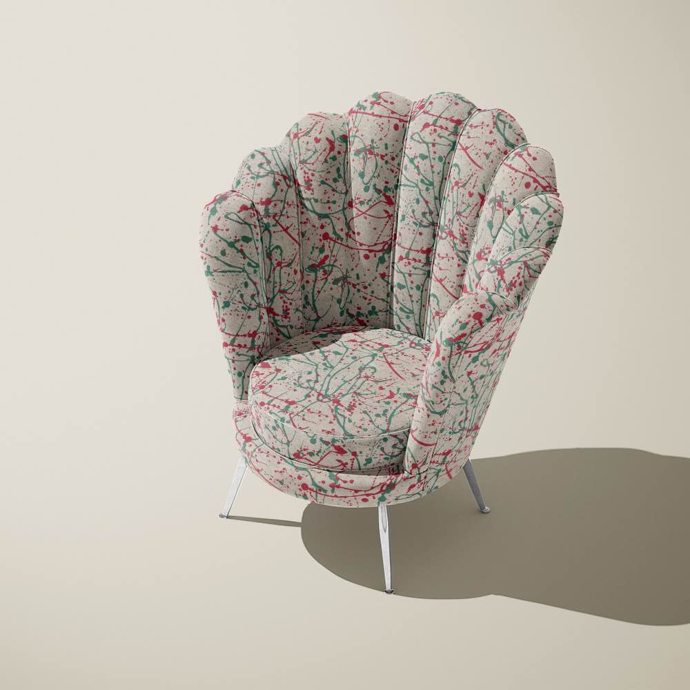 Upholstered Chair view of Pattern No.2 green and red paint splash effect upholstery fabric