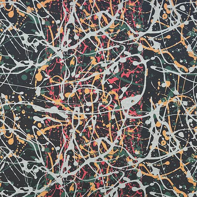 Pattern No.3 multiple colours on black paint splash effect upholstery fabric – flat view