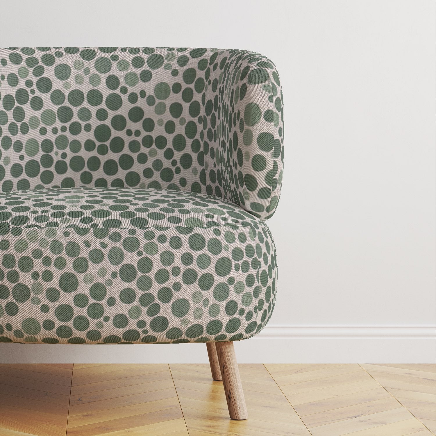 Modern upholstered chair covered in Pointillia No.3 fabric, showcasing its elegant texture and artistic pattern.