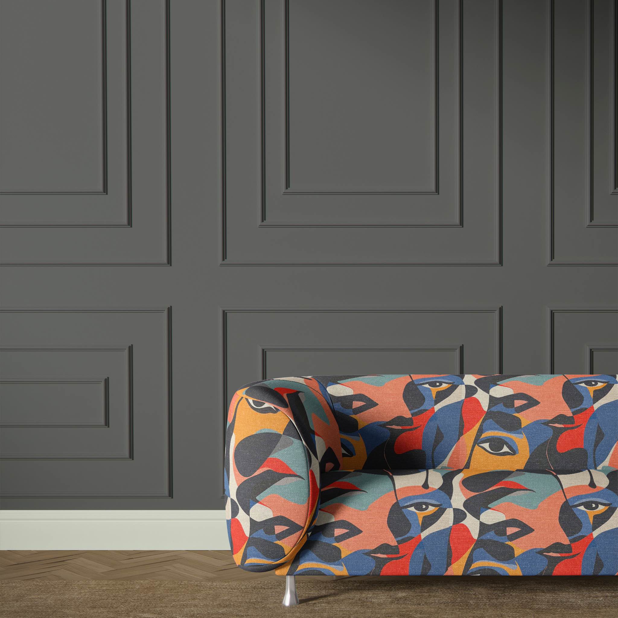 Elegant room setting featuring a sofa upholstered in Sculpture No.12 upholstery fabric with striking abstract patterns.