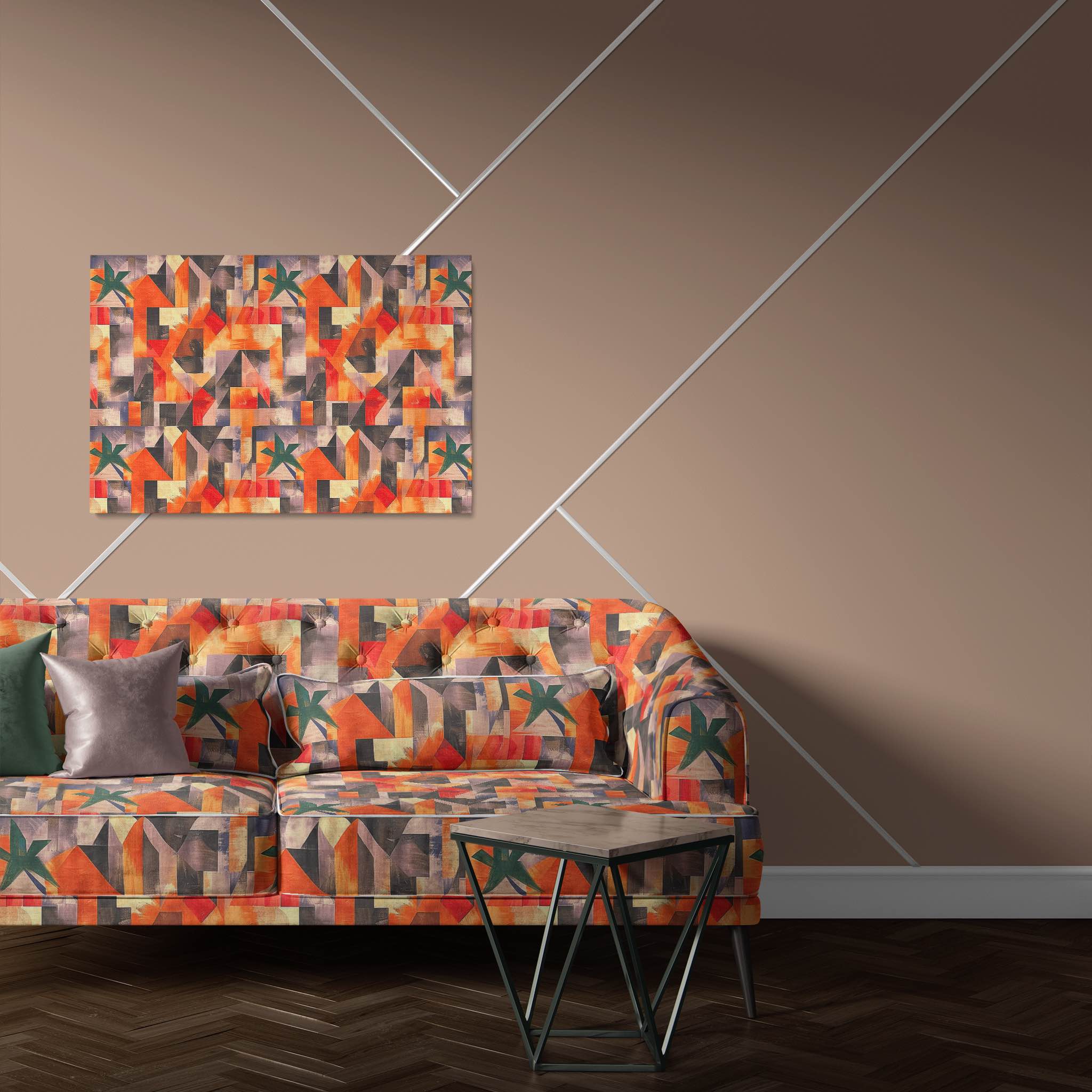 Sofa featuring Sculpture No.3 fabric with vibrant geometric patterns, perfect for premium upholstery and contemporary decor.