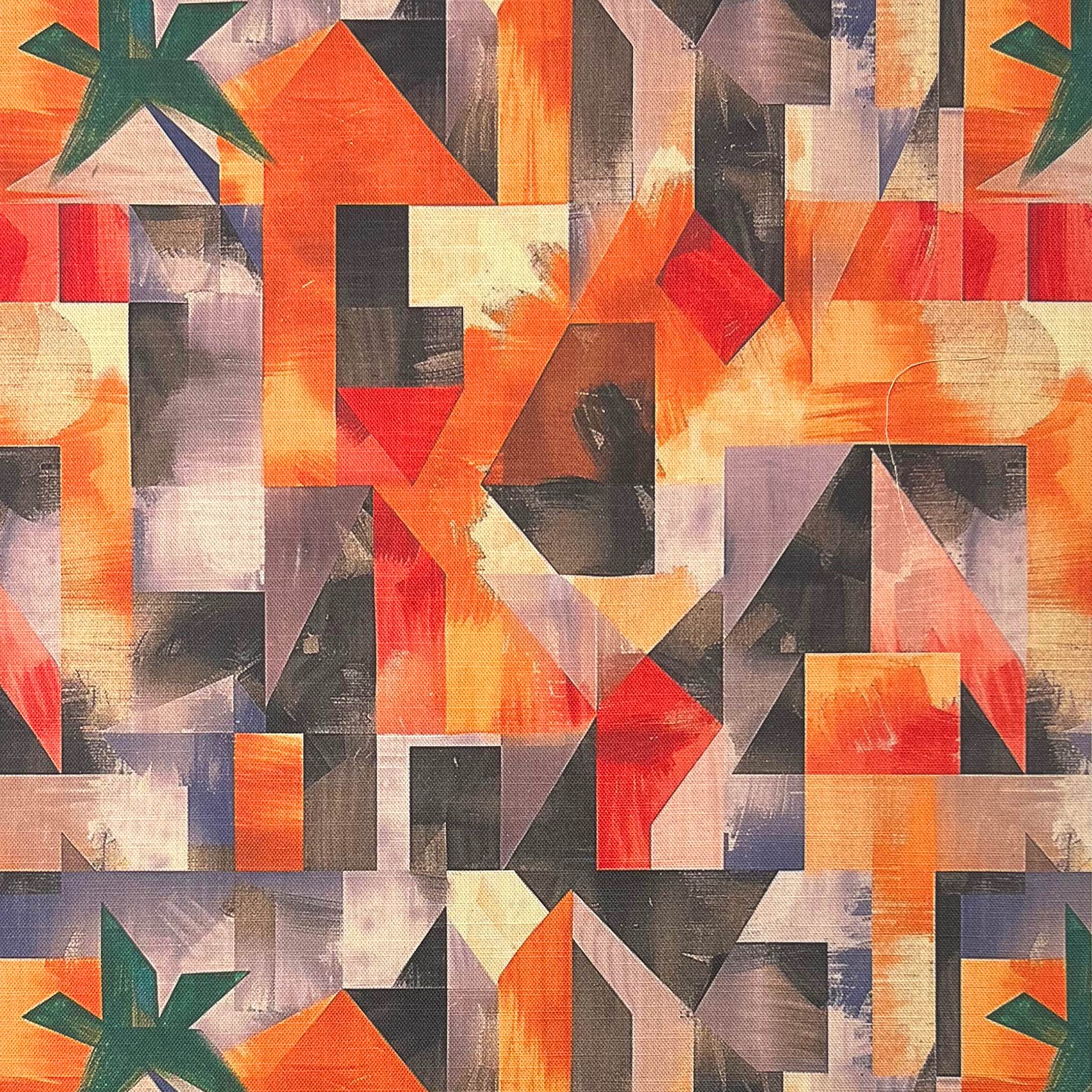 Sculpture No.3 flat upholstery fabric featuring vibrant abstract geometric designs in bold orange, red, and green tones, perfect for luxury interiors.