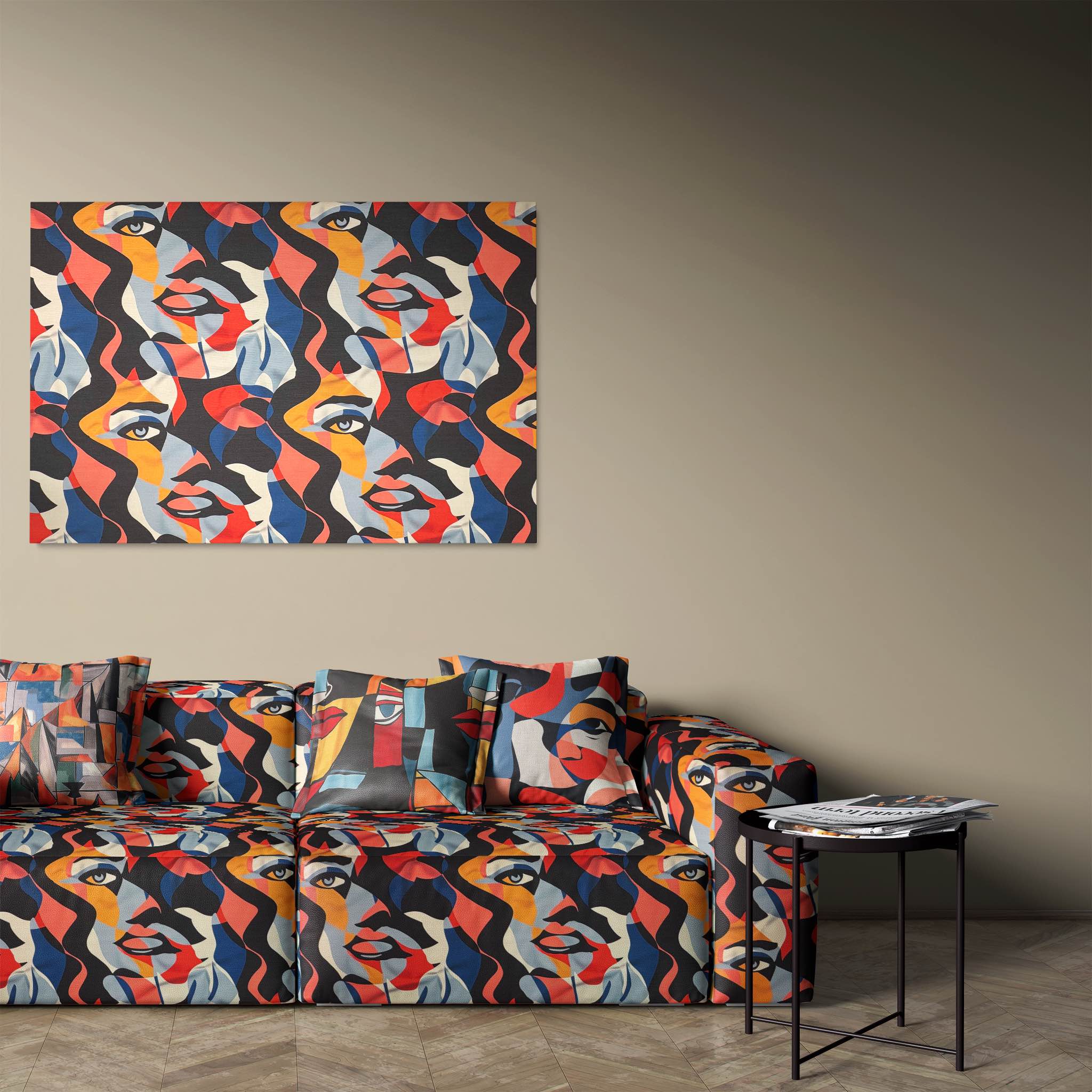 Room setting featuring Sculpture No.4 upholstery fabric on a modern sofa, showcasing vibrant abstract face designs for standout interior decor