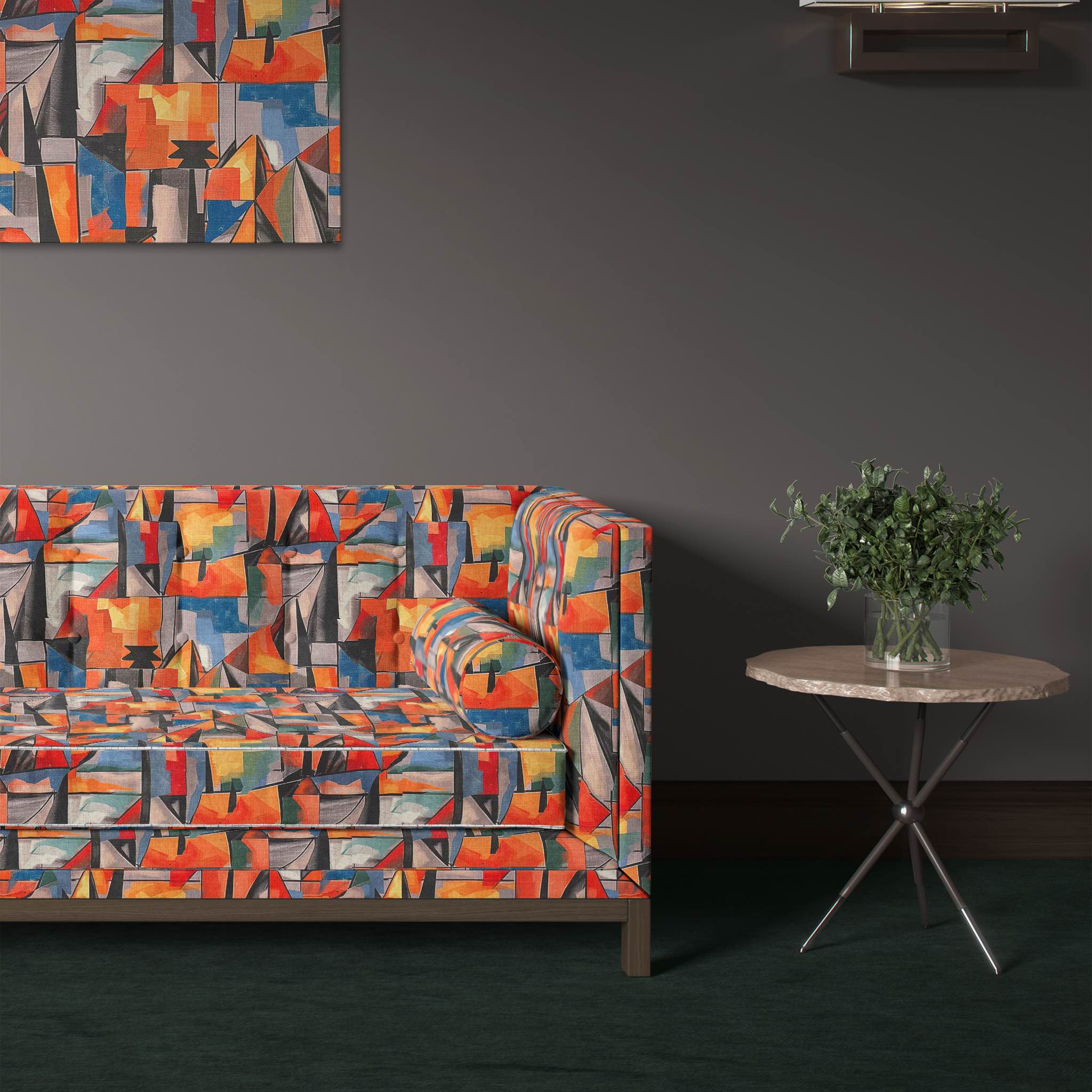 Modern sofa upholstered with Sculpture No.6 fabric featuring bold geometric abstract patterns in vibrant hues for standout interior decor.