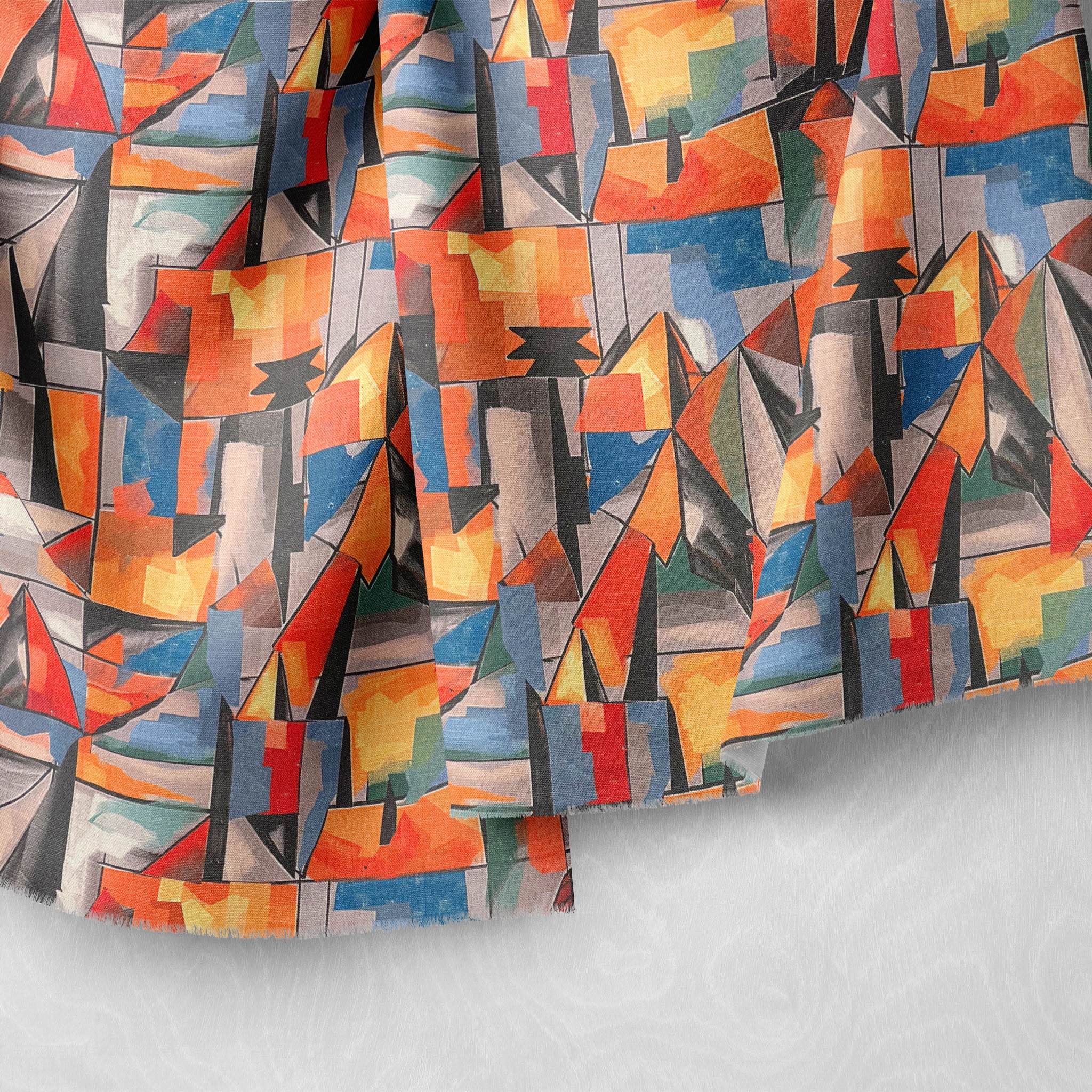 Sculpture No.6 ruffled fabric with vibrant geometric abstract designs in striking orange and blue tones, perfect for luxury interiors.