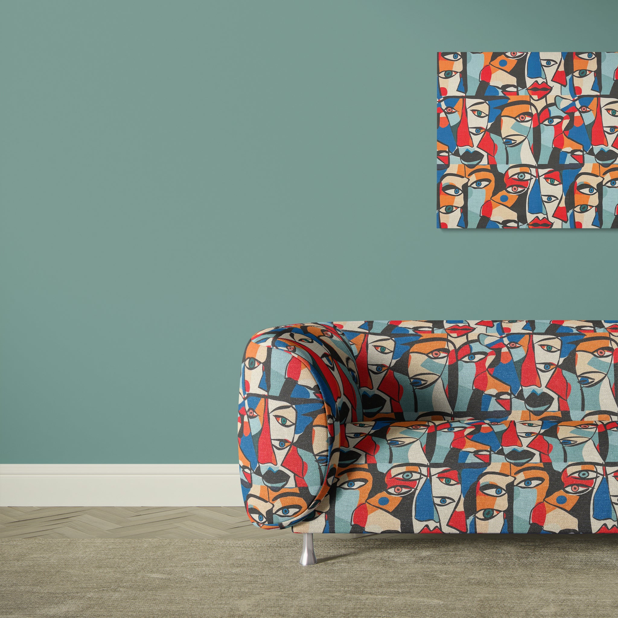 Sculpture No.7 fabric upholstered on a modern sofa, showcasing bold abstract face patterns in vibrant hues for statement interior decor.