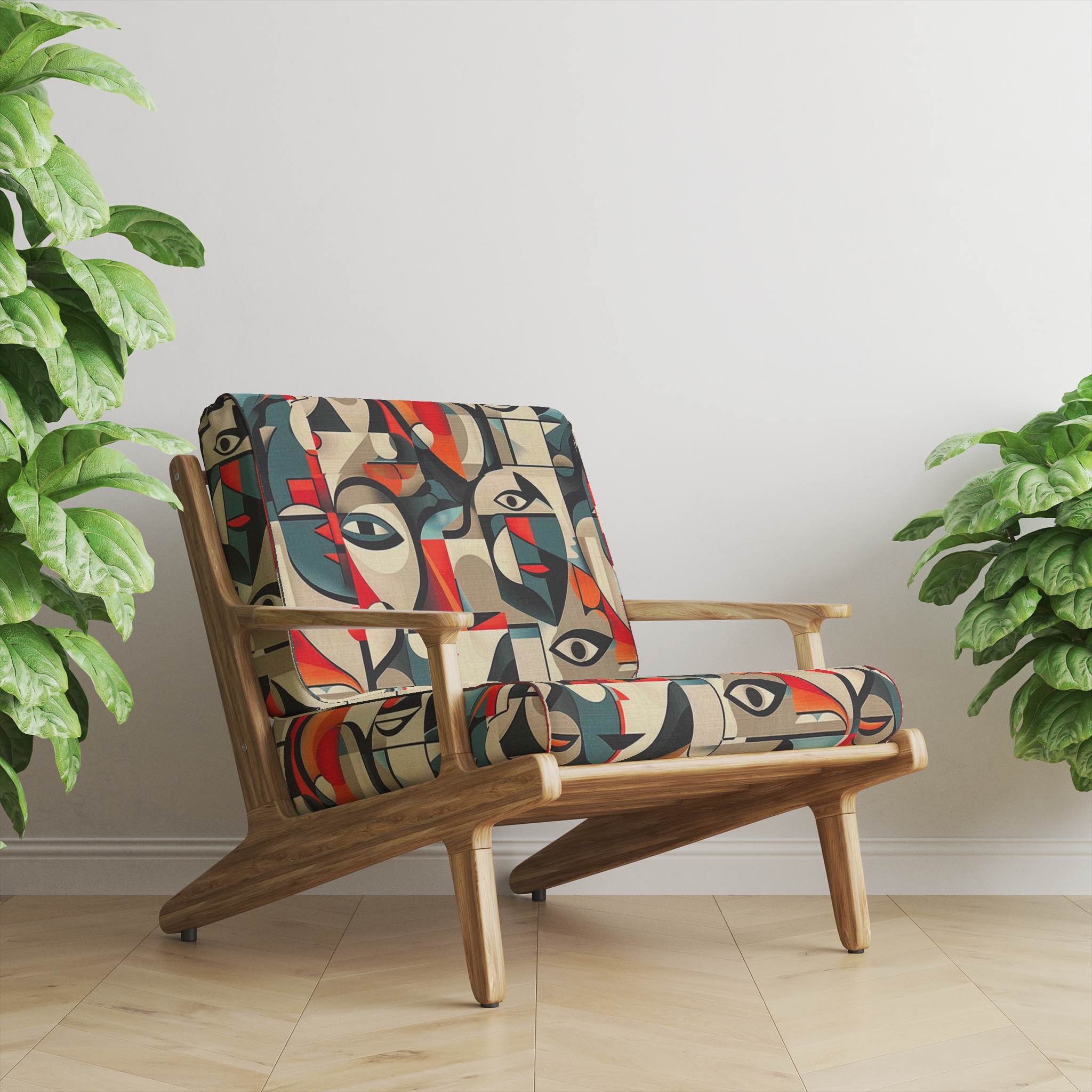 Sculpture No.8 upholstery fabric on a stylish chair, featuring geometric face designs in dynamic colors, perfect for luxury interiors.