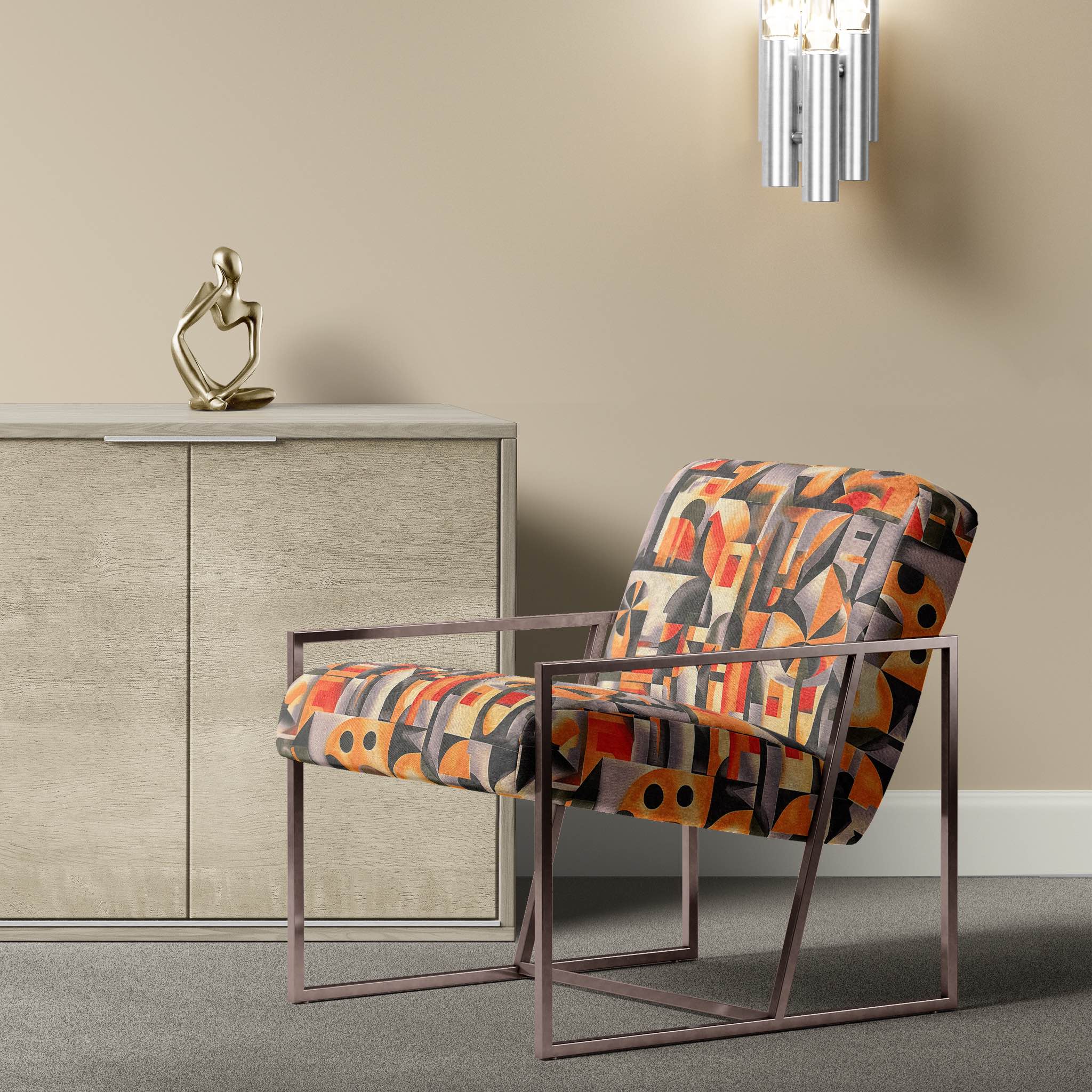 Modern chair upholstered with Sculpture No.9 upholstery fabric, showcasing bold geometric abstract designs in vibrant orange and black tones.