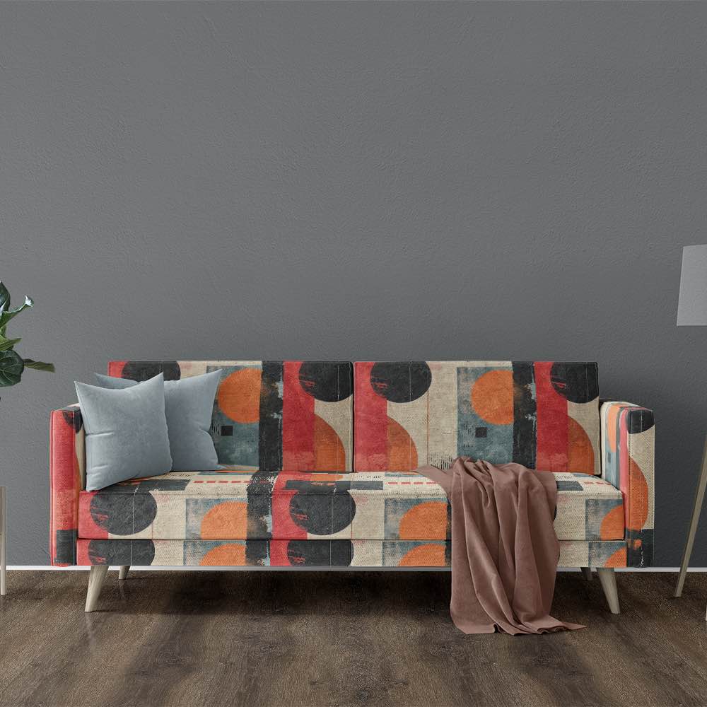 Rustic upholstery fabric in orange, red, and natural tones for sofas