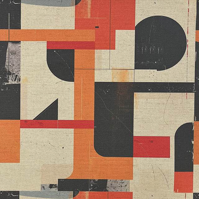 Symbolic No.15 upholstery fabric with orange, black, and red rustic shape pattern