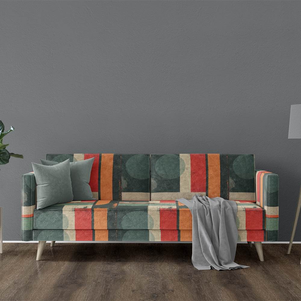 Rustic upholstery fabric in green, orange, and red for luxury sofas