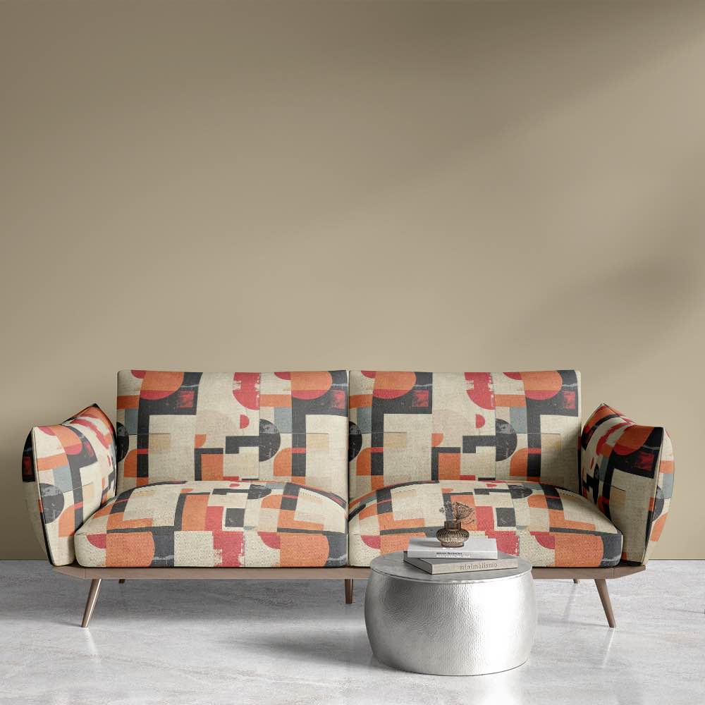 Rustic shape design upholstery fabric in red, orange, and natural for sofas