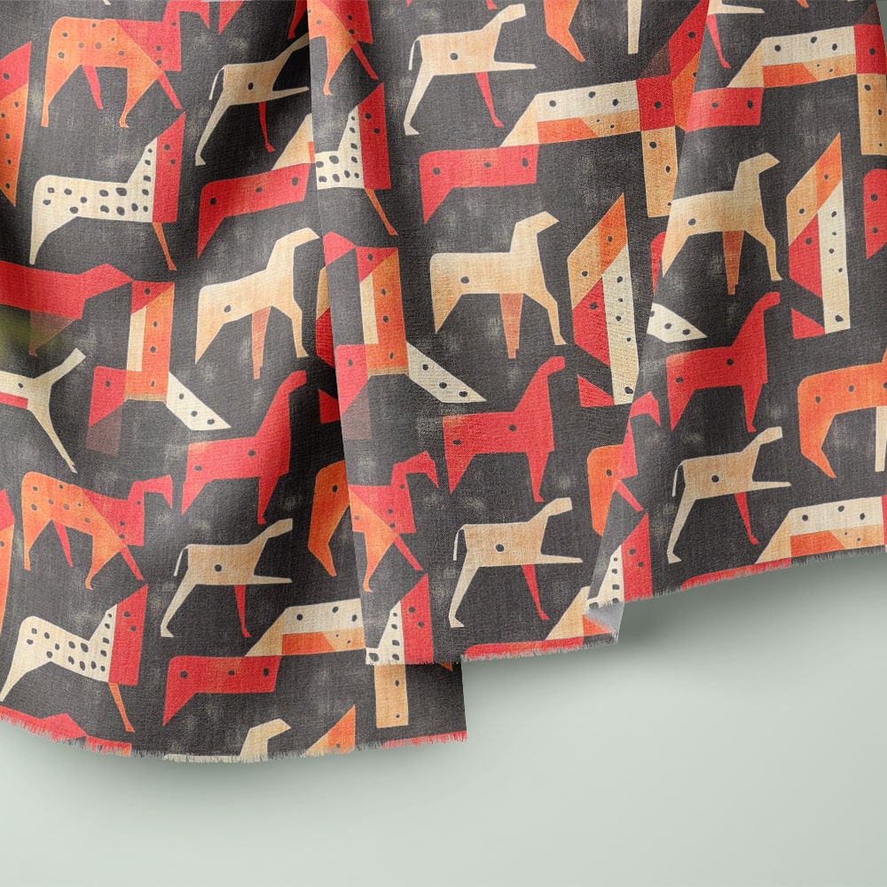 A close-up of Tribute No.4 fabric, showing its intricate dog-inspired shapes and textured weave.