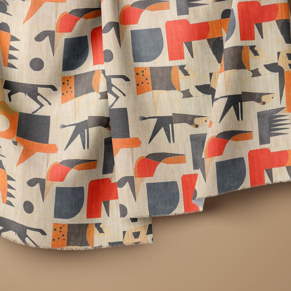  A close-up of Tribute No.5 fabric, showcasing its bold shapes, stylized animal figures, and artistic composition.