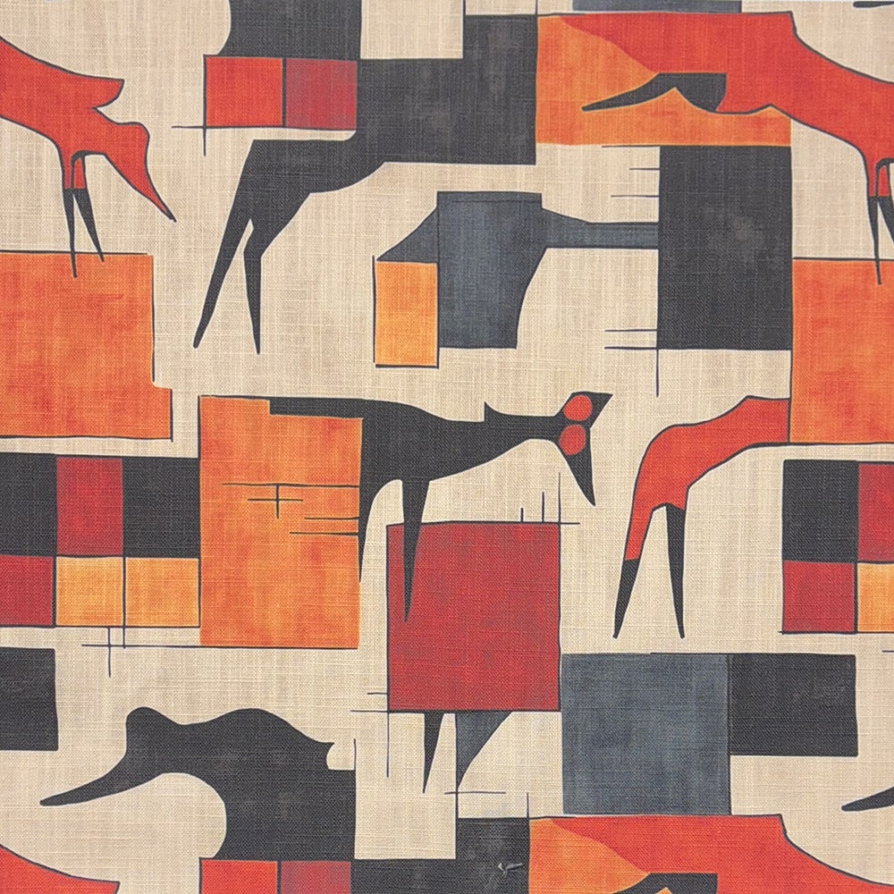 A designer upholstery fabric featuring abstract animal figures and geometric shapes in charcoal, burnt orange, and deep red.