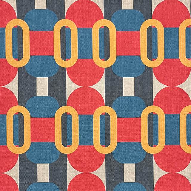 Weimar No.5 upholstery fabric with red, yellow, and blue retro geometric style