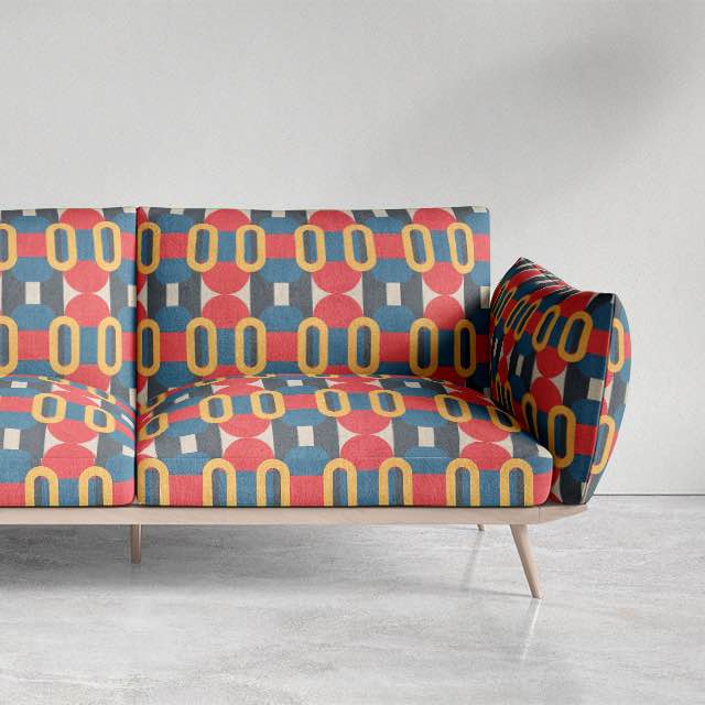 Red, yellow, and blue retro geometric upholstery fabric for luxury sofas