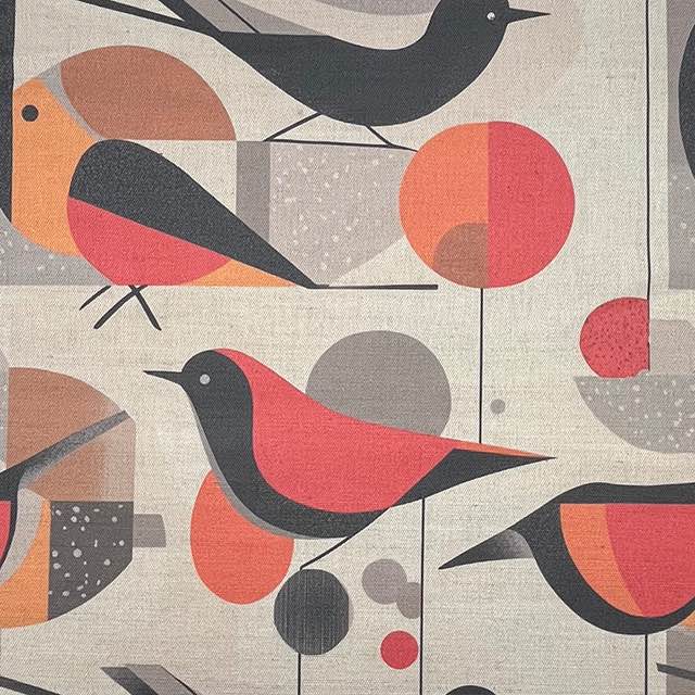 Bird No.21 luxury upholstery fabric in red and orange palette with abstract bird design – flat design